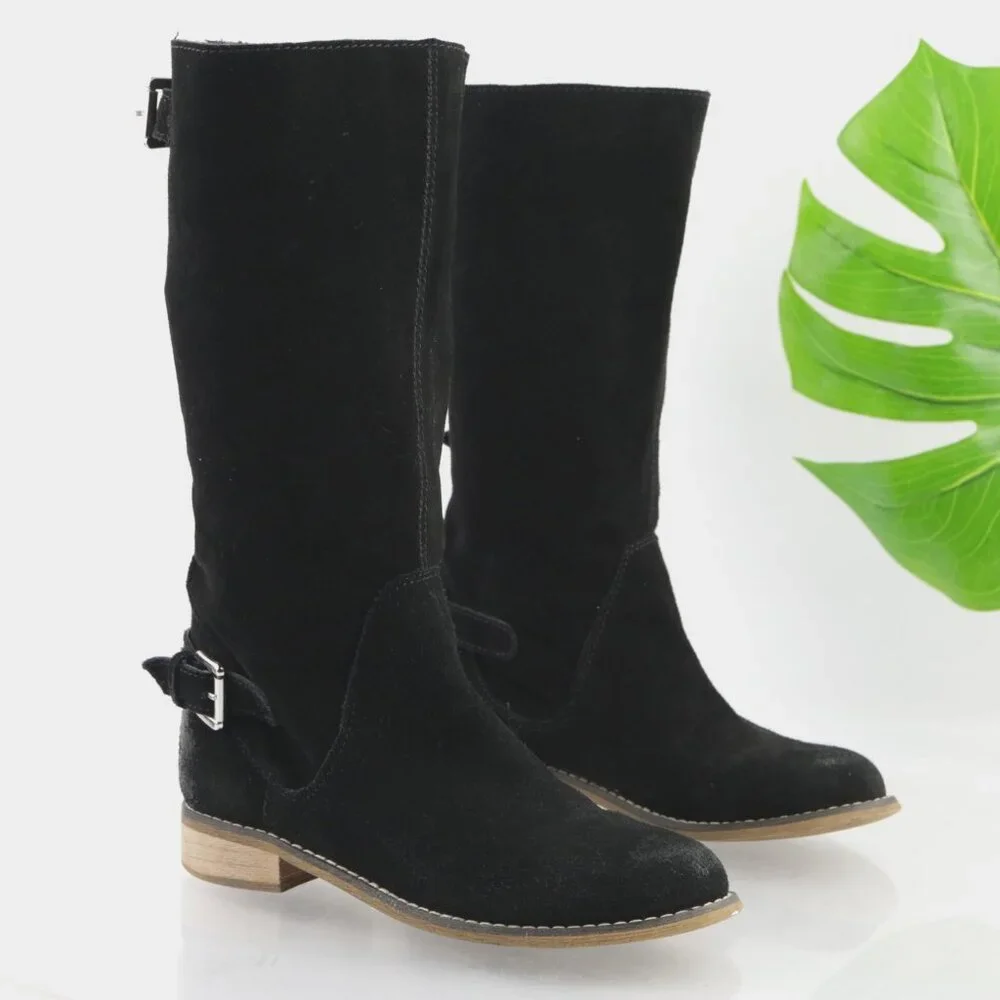 Kelsi Dagger Womens Tassie Boots Size 7.5 Black Suede Slouch Pull On Moto Buckle